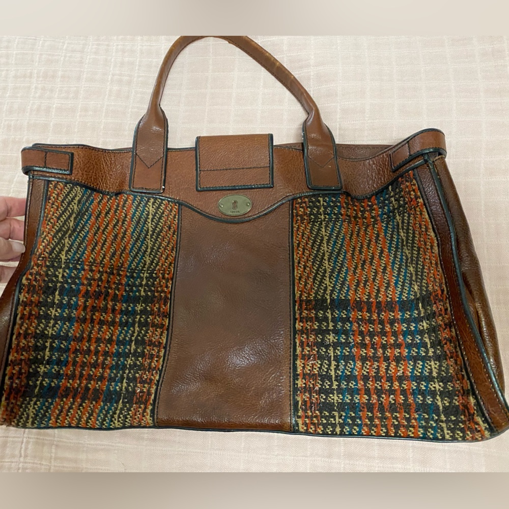 FOSSIL Vintage Reissue Tweed Houndstooth & Leather Weekender - Picture 3 of 11
